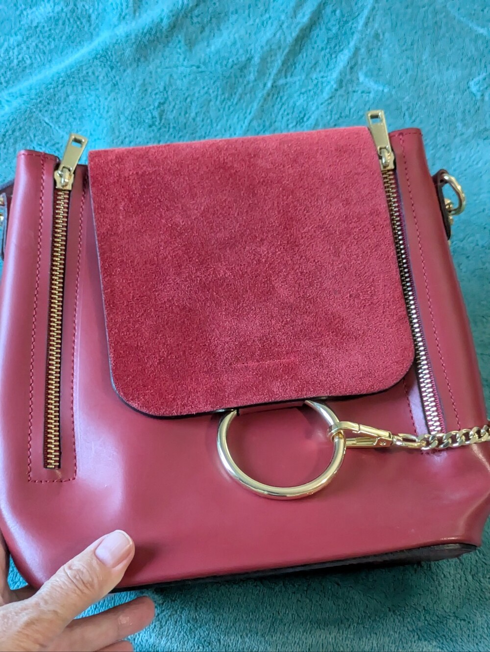 Vera Pelle Berry Suede-Flap Crossbody with Gold Ring